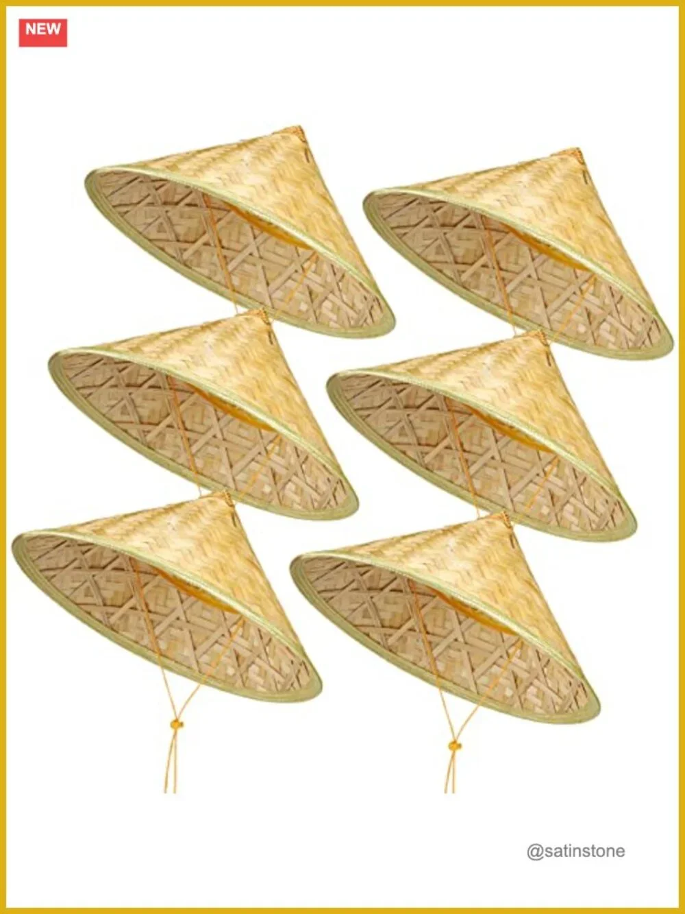 6 Pack Traditional Bamboo Conical Sun Hats with Chin Strap for Outdoor
